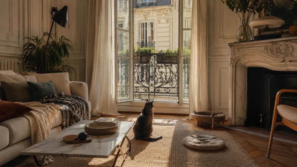 Intérieur minimaliste clair et ordonné, sol dégagé, chat installé sur une étagère murale à hauteur de fenêtre