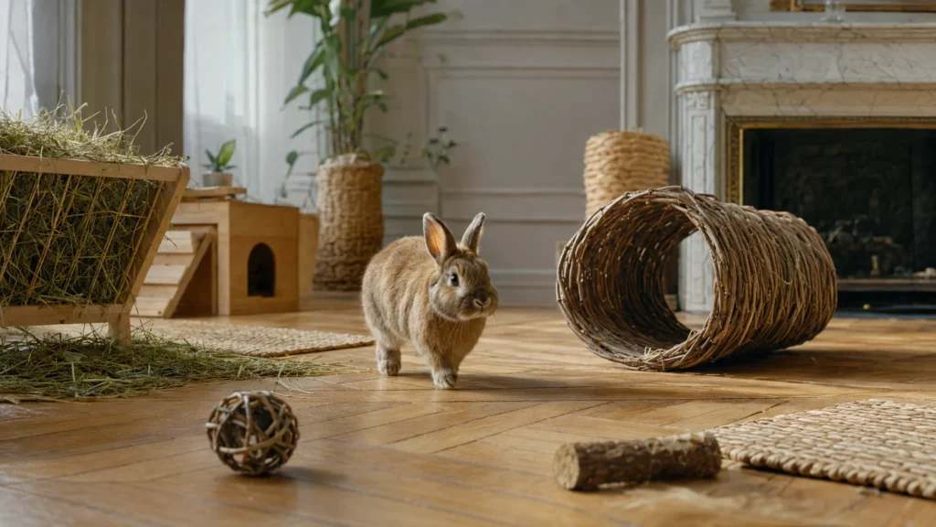Un lapin nain actif dans un enclos enrichi avec tunnel en osier et râtelier à foin