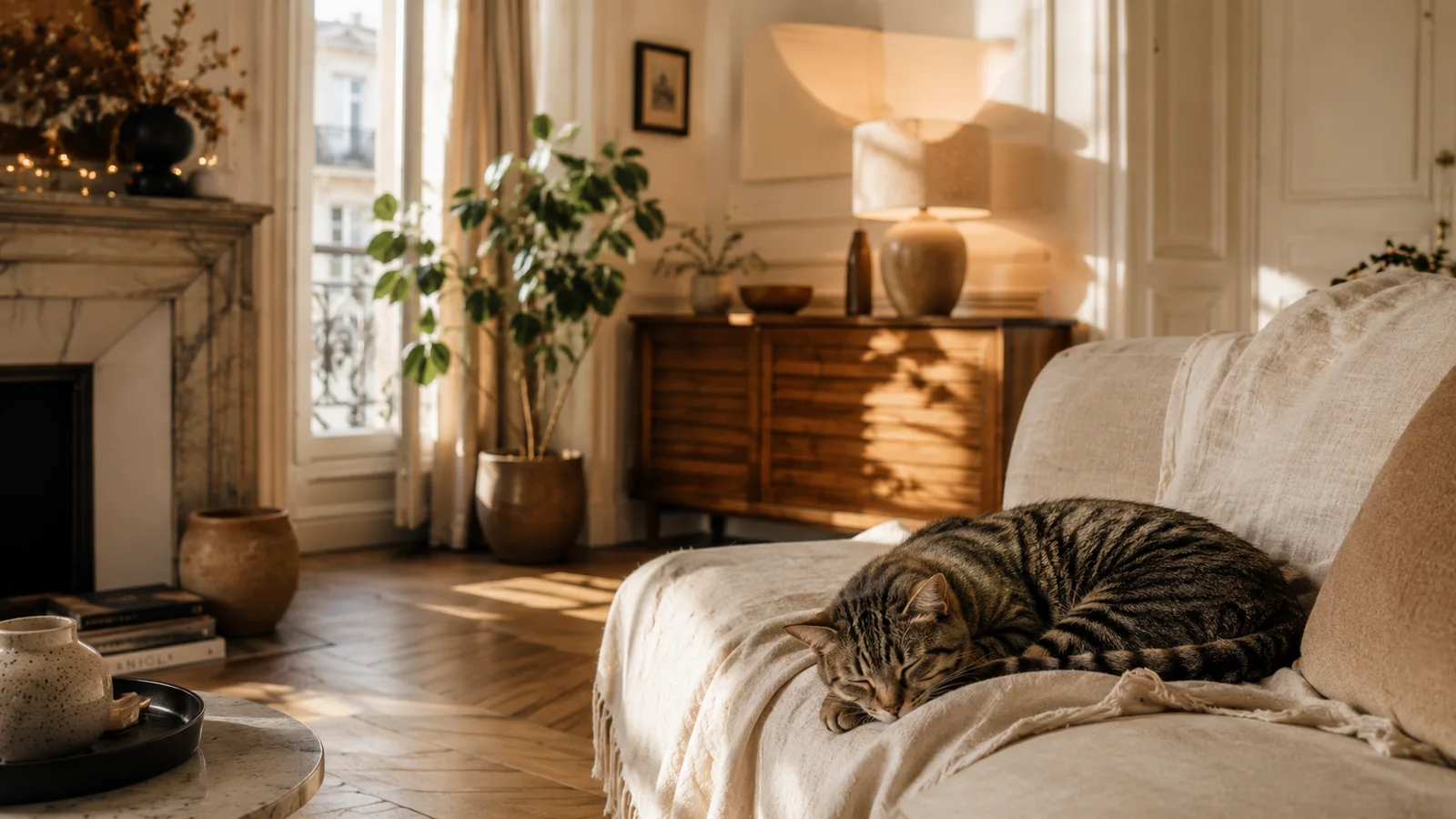 Canapé clair couvert d'un plaid lavable dans un salon contemporain lumineux, chat installé dessus