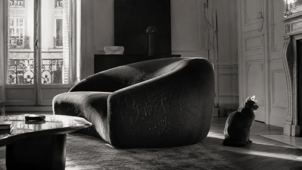Canapé en tissu foncé constellé de poils de chat clairs dans un salon, noir et blanc contrasté