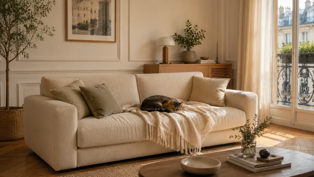 Canapé habillé d'une housse lavable claire dans un salon lumineux et net, chat lové sur un plaid assorti