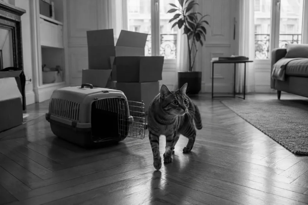 En noir et blanc, un chat tigré explore un salon haussmannien le jour de son arrivée, caisse de transport ouverte et cartons de déménagement à l'arrière-plan
