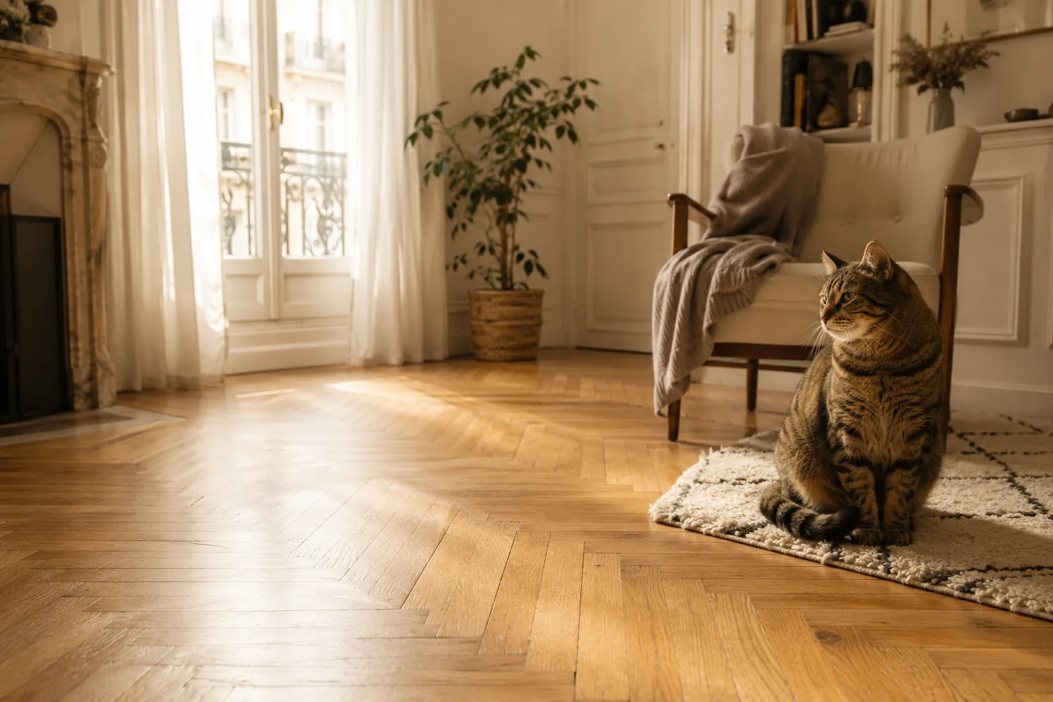 Un chat tigré installé sur un tapis dans un salon haussmannien lumineux et chaleureux, parquet à chevrons, fauteuil et plaid, lumière douce du matin