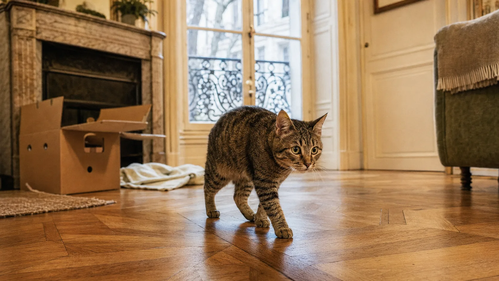 Salon haussmannien lumineux où un chat s'installe dans un appartement récemment aménagé pour son arrivée