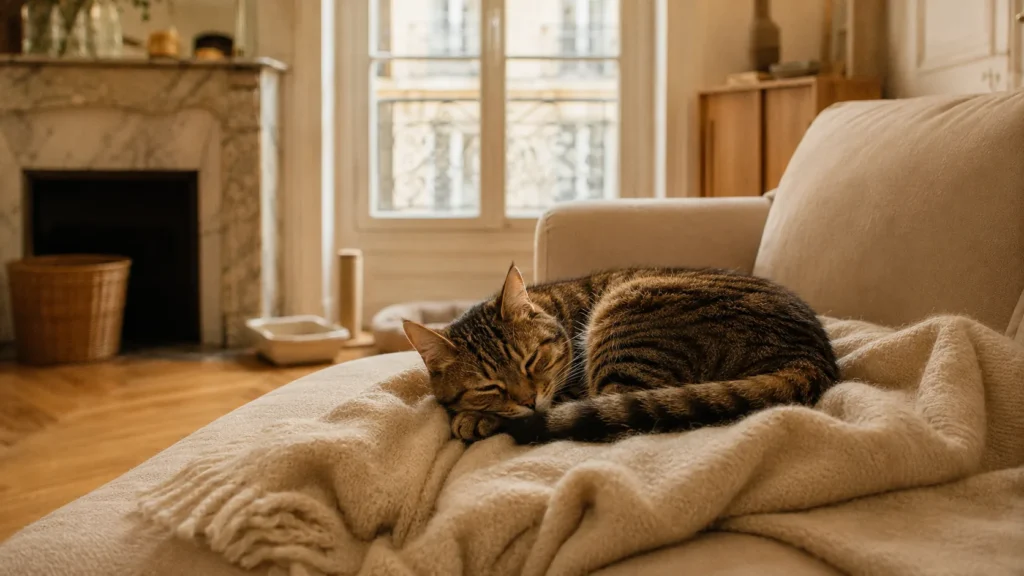 Un chat détendu installé dans son coin, l'appartement enfin ajusté à ses habitudes