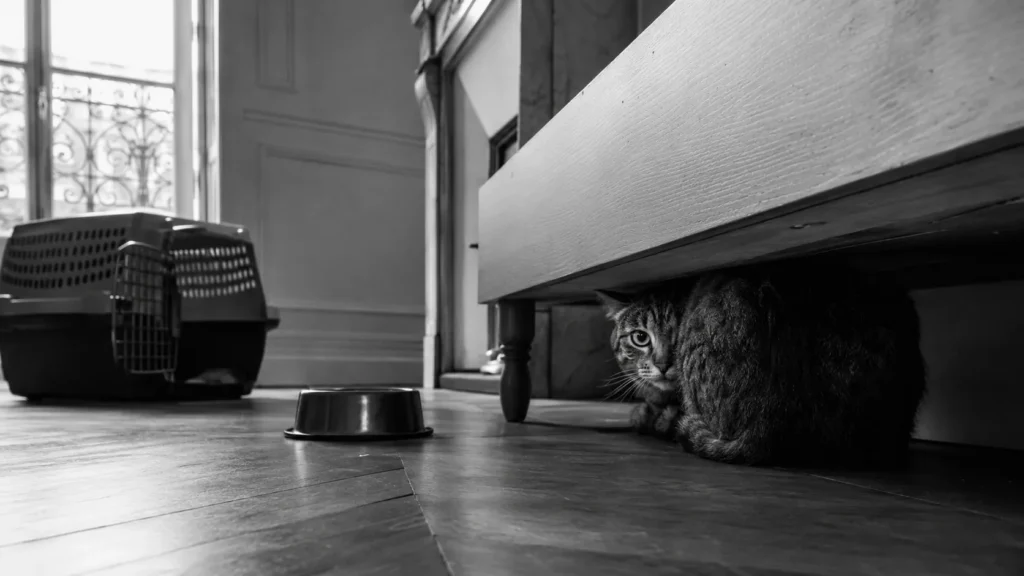 Un chat qui observe une pièce en cours d'aménagement, la question des priorités, noir et blanc