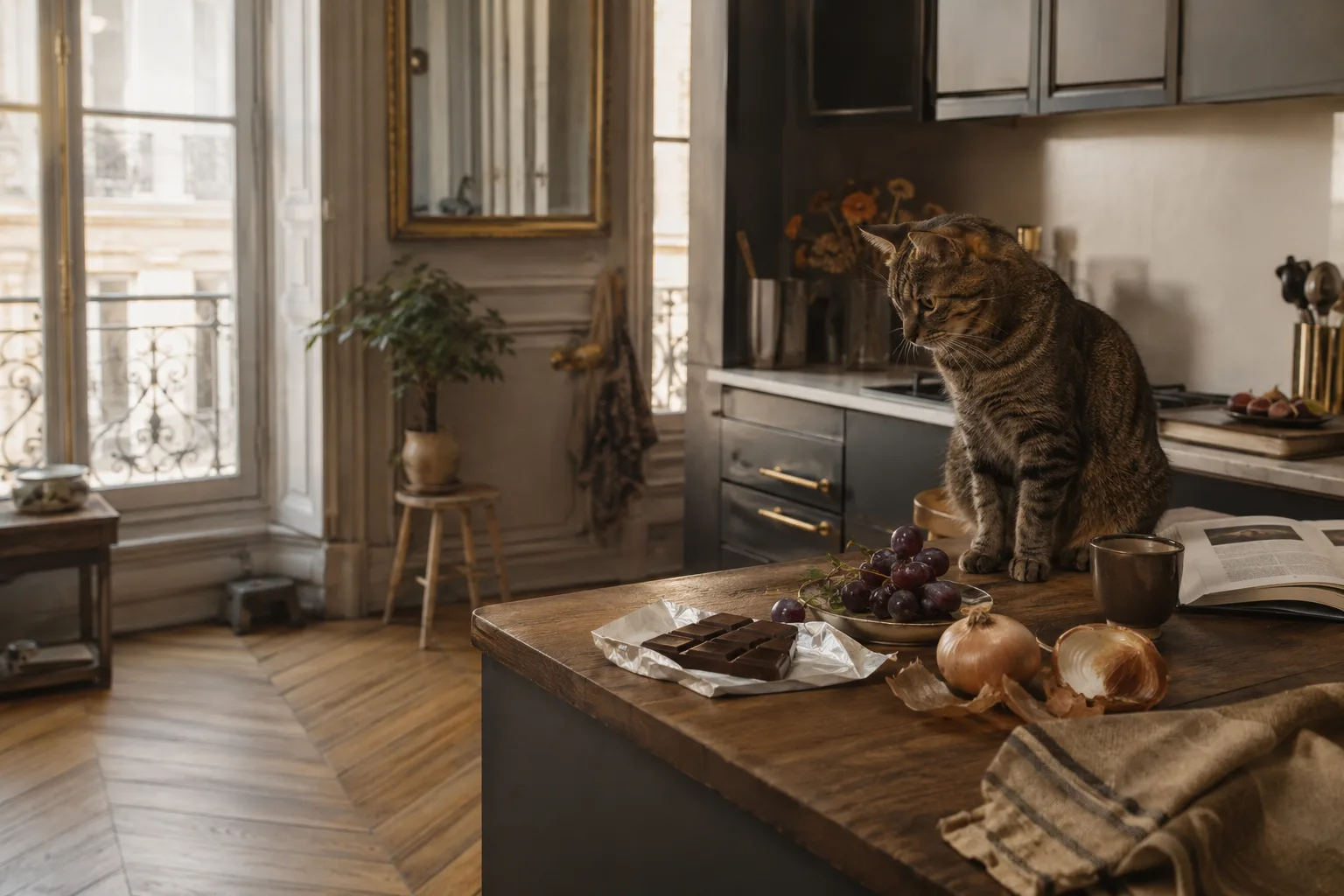 Cuisine haussmannienne avec un chat, aliments à tenir hors de portée
