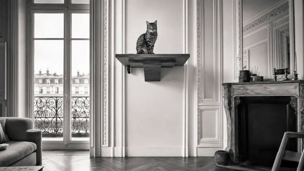 Chat perché sur une étagère murale dans un appartement