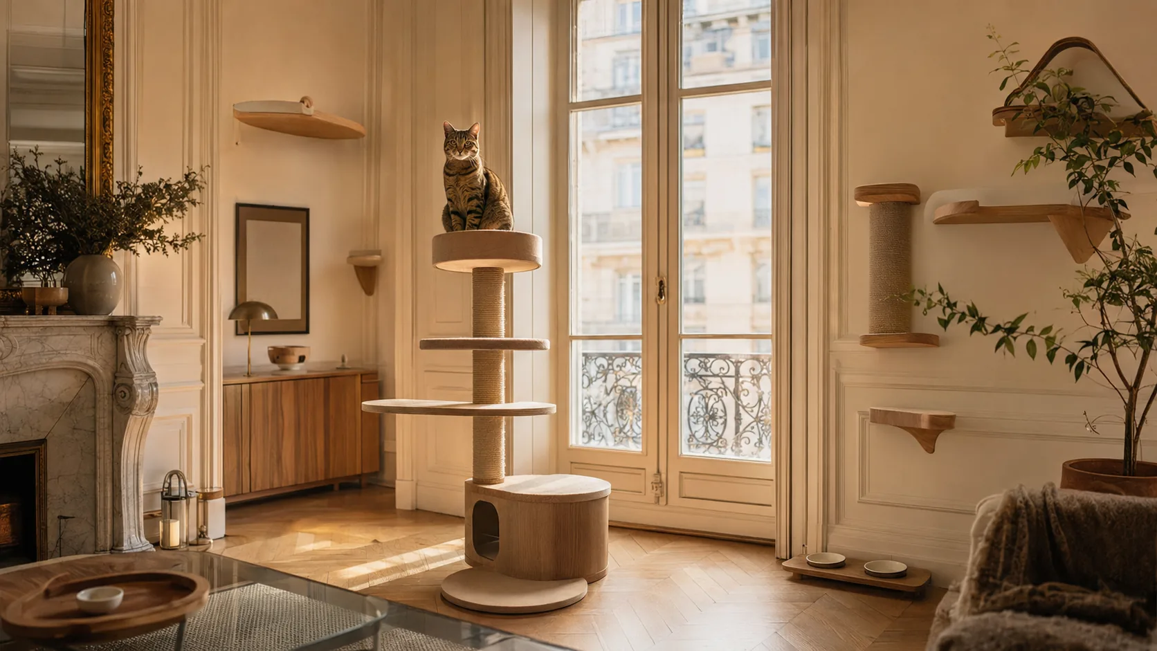 Appartement aménagé pour un chat, étagères-perchoirs et chat en hauteur