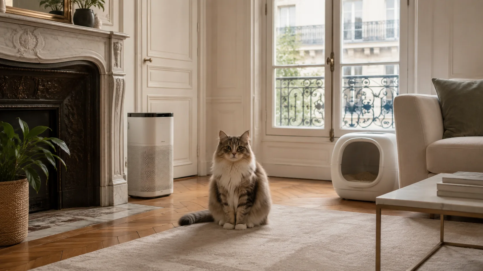 Coin litière discret dans un salon d'appartement, chat à proximité, ambiance chaude