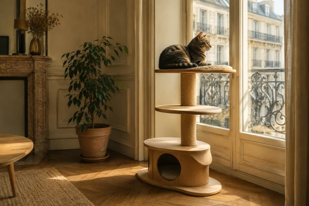 Chat perché sur un arbre à chat design en bois clair face à une fenêtre haussmannienne