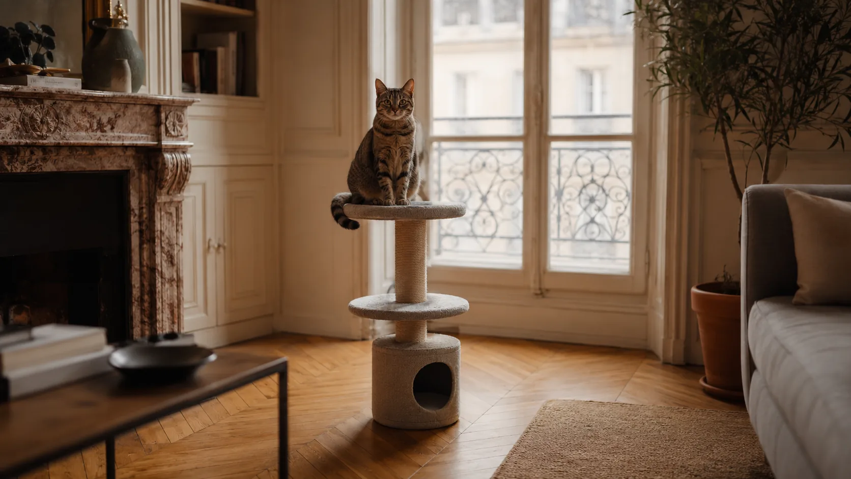 Arbre à chat design bois clair et gris dans un salon d'appartement, chat perché sur la plateforme haute