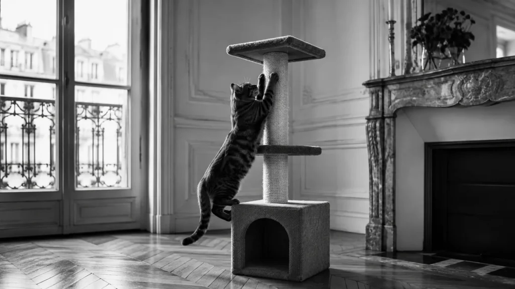 Un chat perché en haut d'un arbre à chat près d'une fenêtre dans un appartement, noir et blanc
