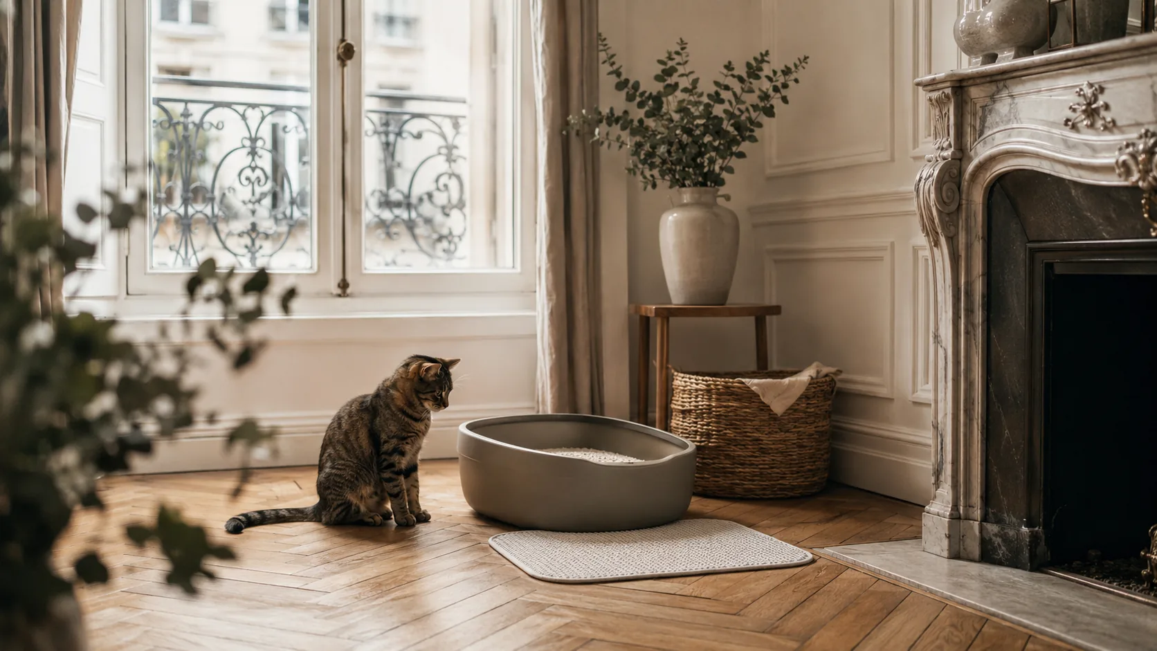 Bac à litière pour chat dans un salon d'appartement, chat à proximité