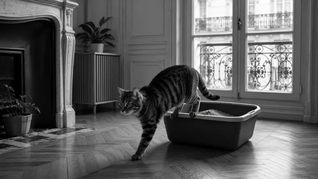 Chat entrant dans un grand bac à litière ouvert dans un appartement, noir et blanc