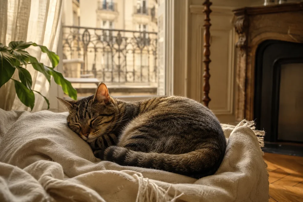 Un chat adopté se repose paisiblement sur un plaid de lin dans un appartement haussmannien