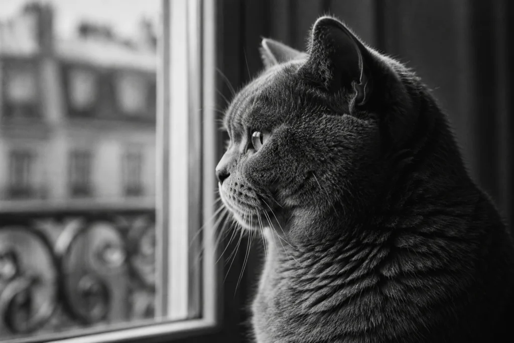 Portrait de profil d'un chat adulte British Shorthair, calme et posé