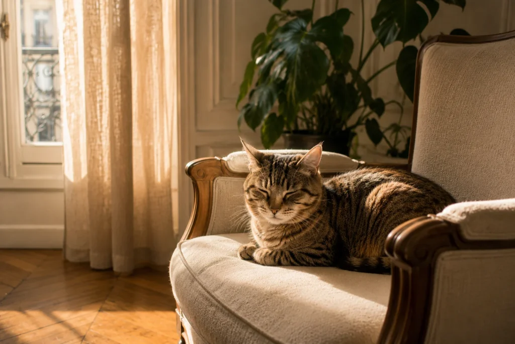Un chat adulte serein se repose sur un fauteuil dans un appartement haussmannien