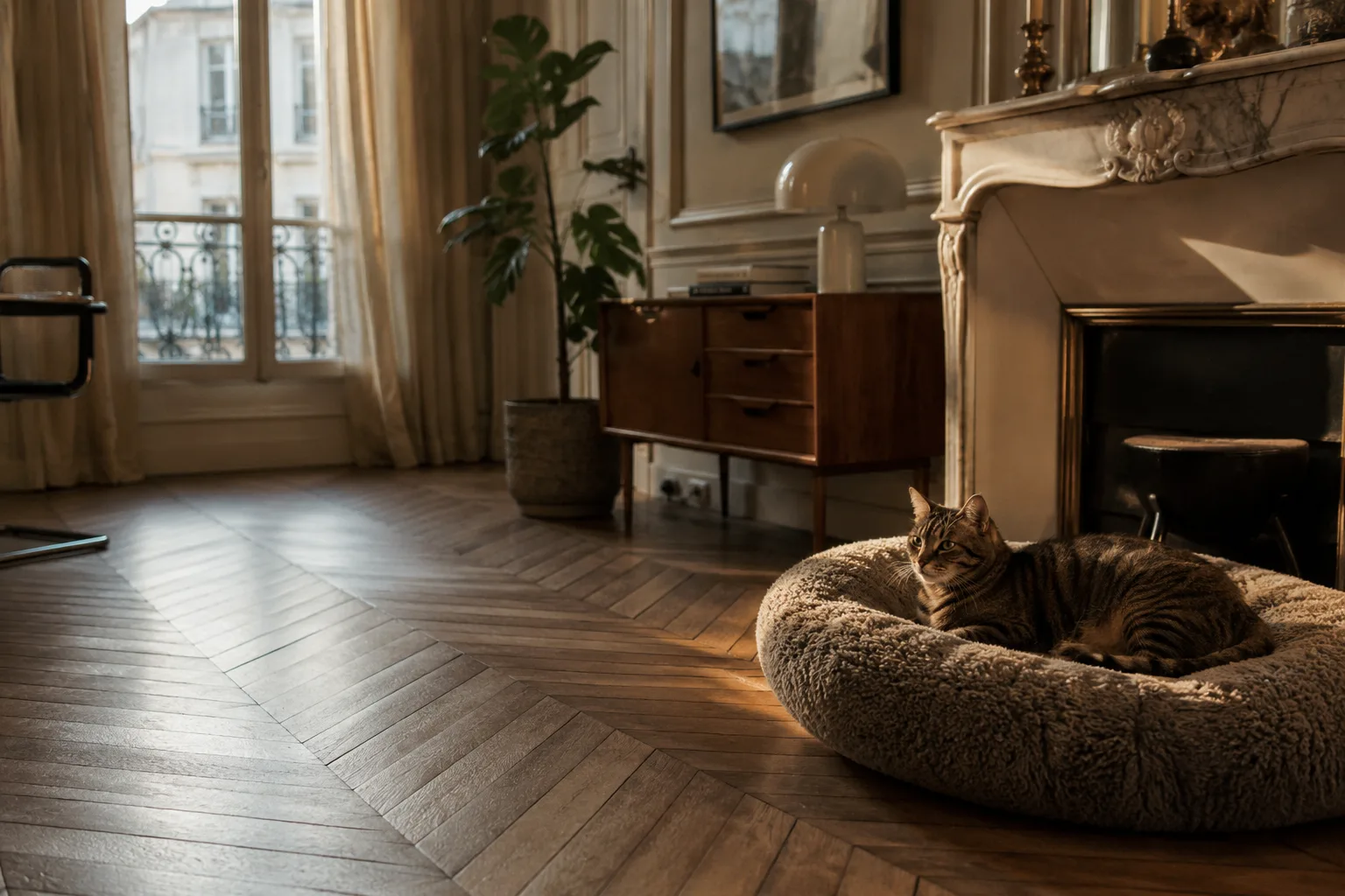 Chat tigré lové dans un panier près de la cheminée d'un salon haussmannien