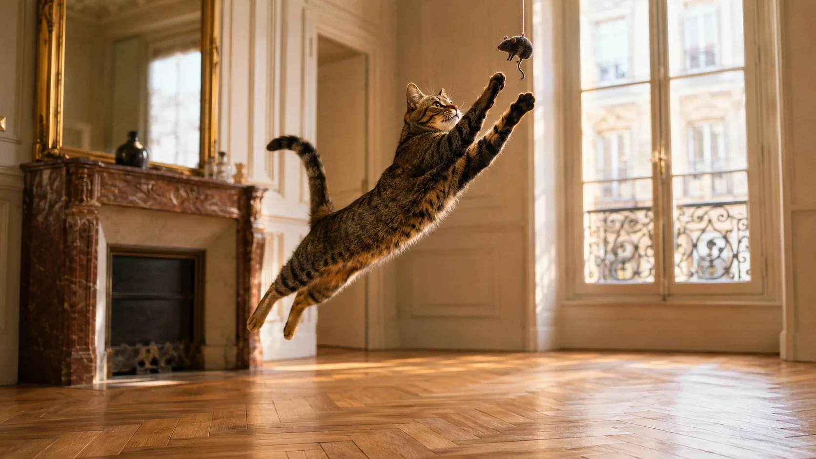 Chat d'appartement qui bondit sur un jouet interactif dans un salon lumineux