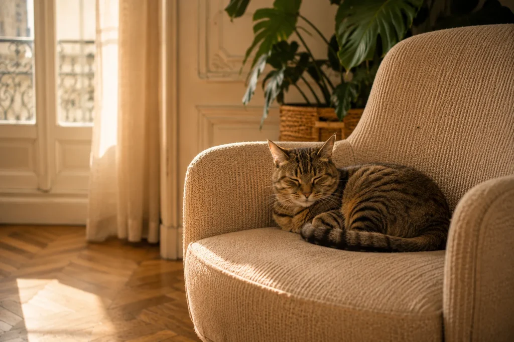 Un chat tigré se repose paisiblement sur un fauteuil en tissu tissé serré dans un appartement haussmannien