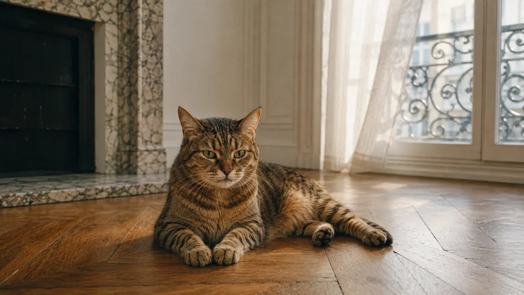 Chat tigré apaisé et au frais, la respiration calme, sous une lumière chaude le soir