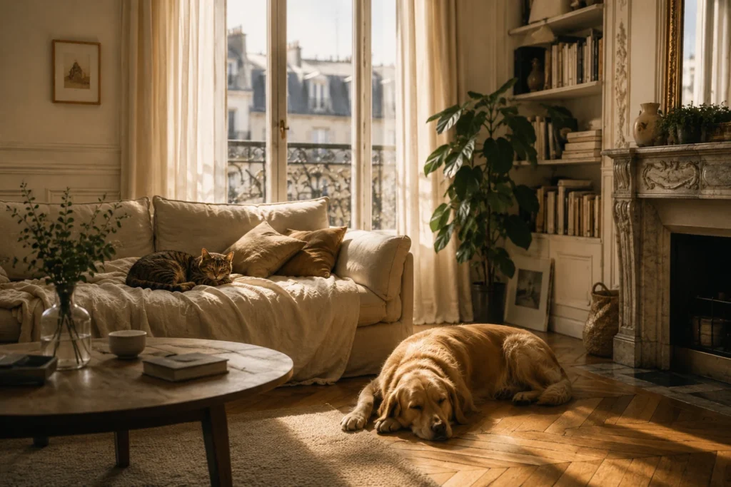 Un chat et un chien se reposant ensemble dans un salon haussmannien parisien baigné de lumière