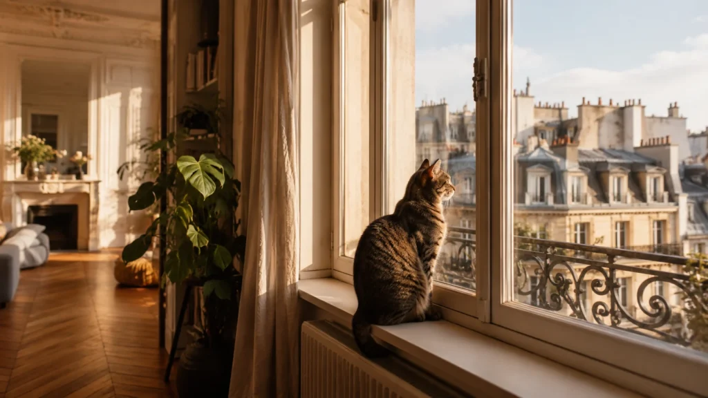 Chat à la fenêtre d’un appartement haussmannien, lumière chaude