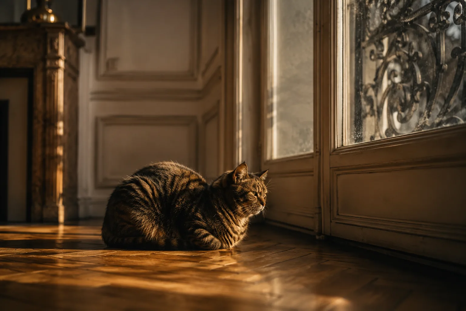 Chat tigré en boule près d'une fenêtre haussmannienne, cherchant la chaleur