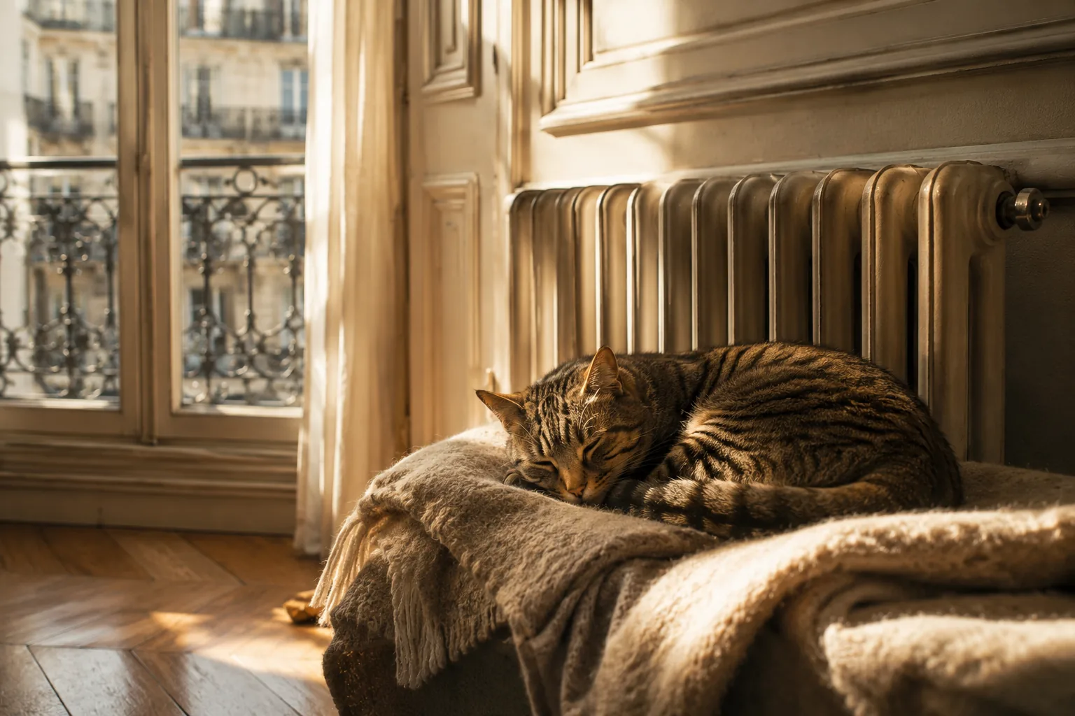 Chat tigré endormi en boule sur un plaid en laine posé sur un radiateur, lumière dorée