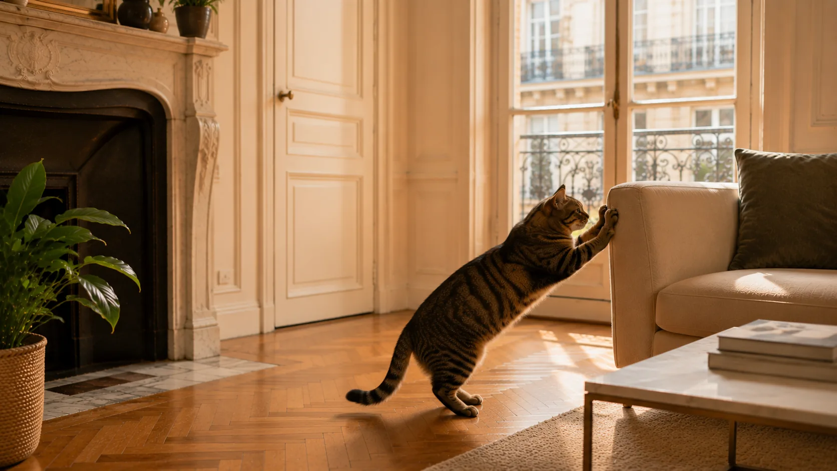 Chat tigré assis entre un canapé griffé et un griffoir en sisal dans un salon sombre
