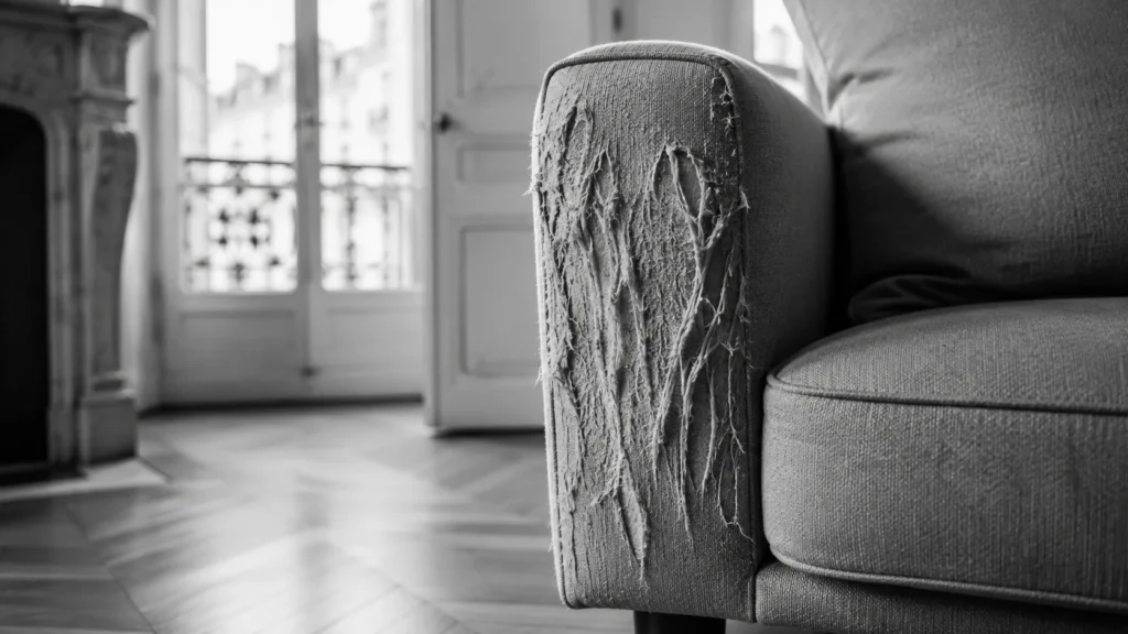 Gros plan noir et blanc d'une patte de chat, griffes plantées dans l'accoudoir effiloché d'un canapé