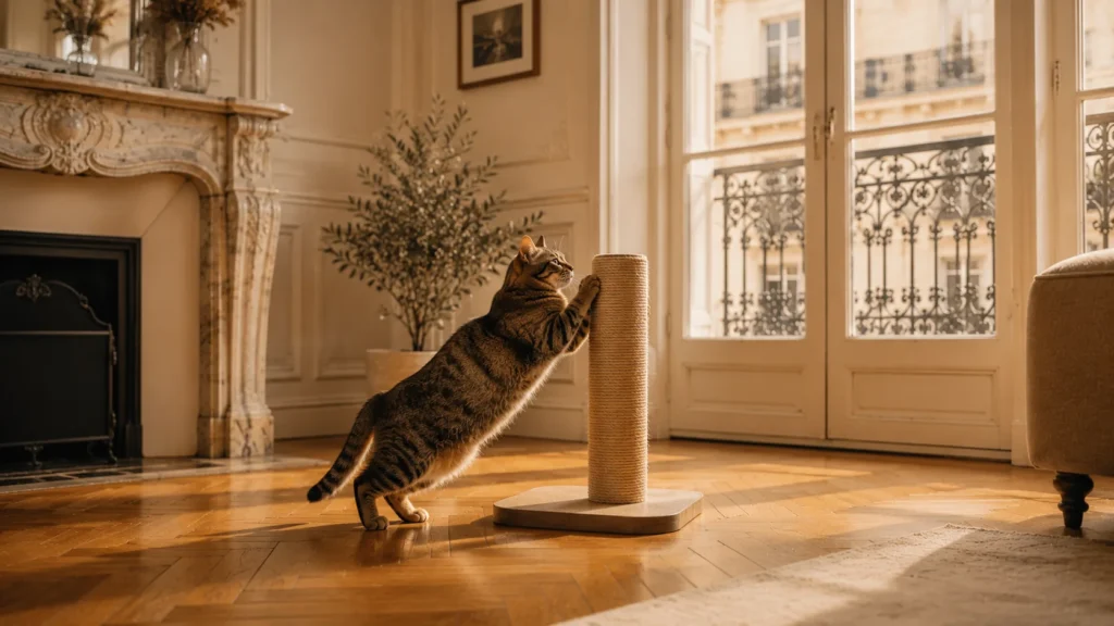 Chat tigré s'étirant contre un grand griffoir en sisal qu'il a adopté, lumière chaude