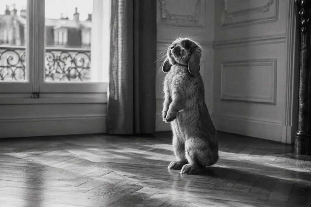 Un lapin dressé sur ses pattes arrière dans un appartement haussmannien, alerte