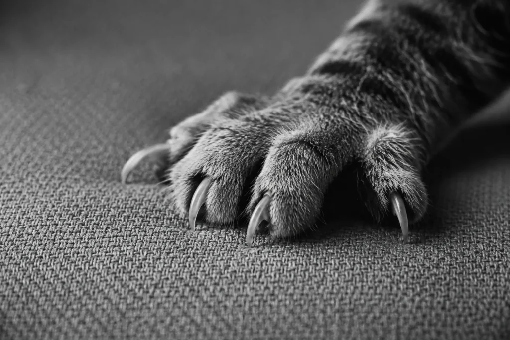 Gros plan noir et blanc des griffes d'un chat sur un tissu tissé serré qui résiste