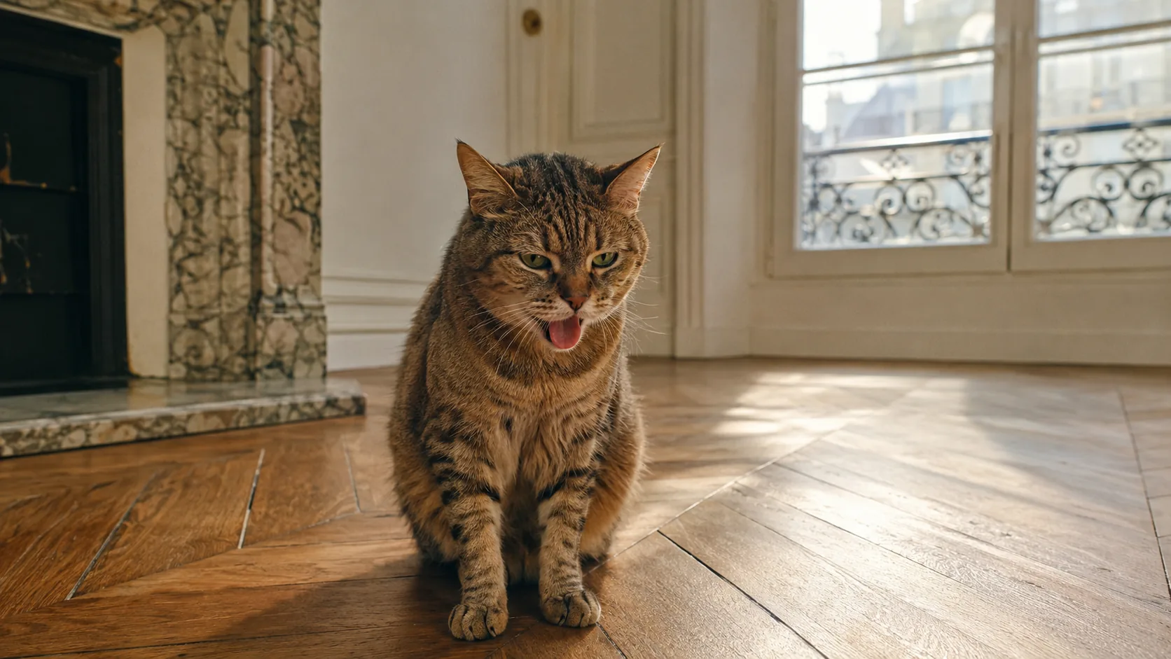 Chat tigré allongé dans une bande de soleil chaud près d'une fenêtre haussmannienne, la gueule légèrement ouverte