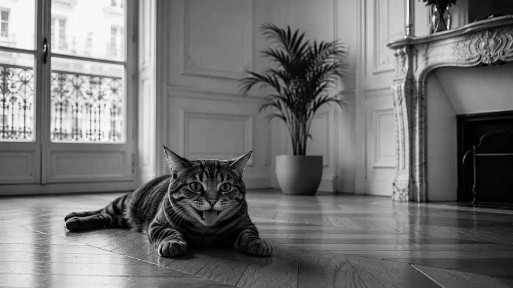 Gros plan noir et blanc du flanc d'un chat et de sa gueule entrouverte pendant la respiration