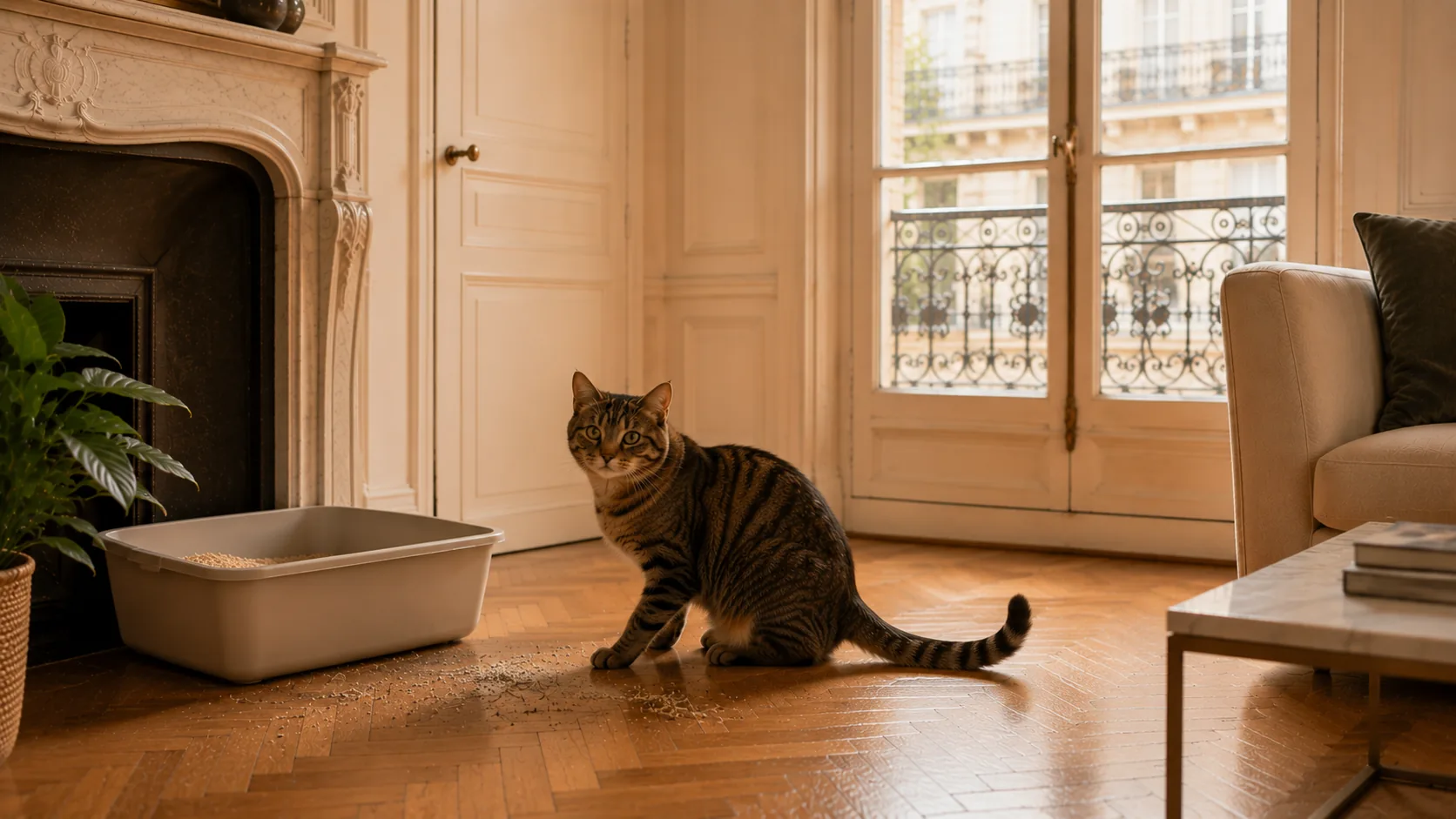Chat tigré assis près de son bac à litière dans un appartement haussmannien au crépuscule