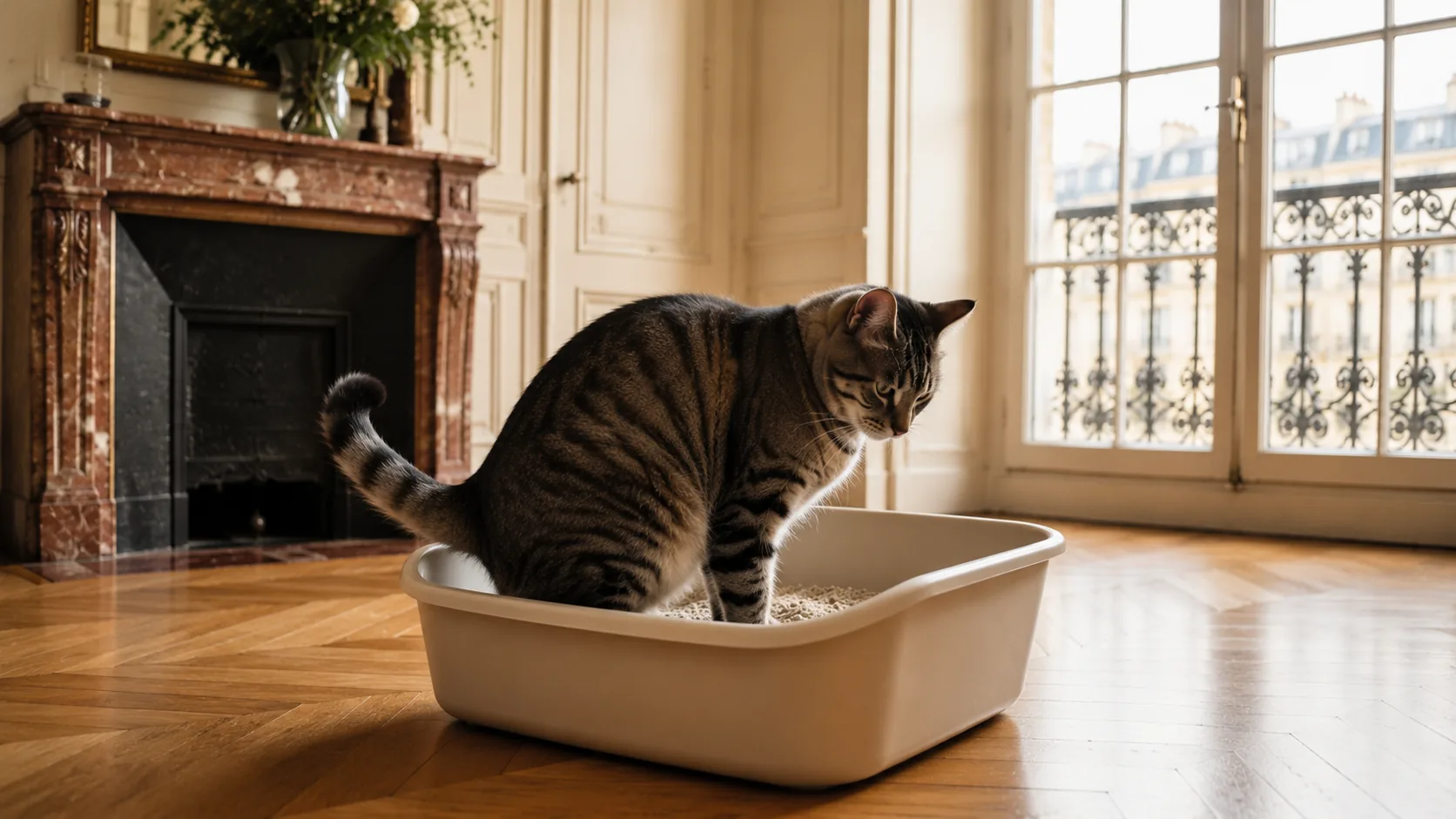 Chat tigré apaisé, couché sous la lumière chaude d'une lampe le soir