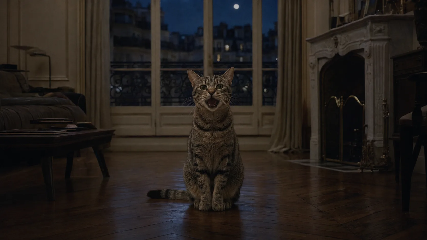 Chat tigré assis à une fenêtre haussmannienne la nuit, la gueule ouverte en plein miaulement, clair de lune