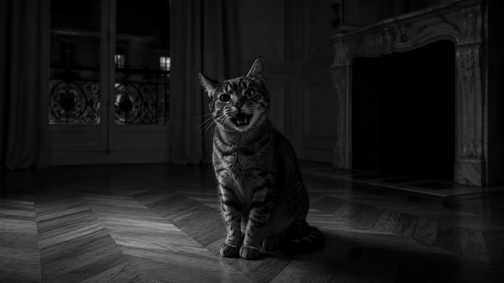 Gros plan noir et blanc de la gueule ouverte d'un chat en plein miaulement, la nuit