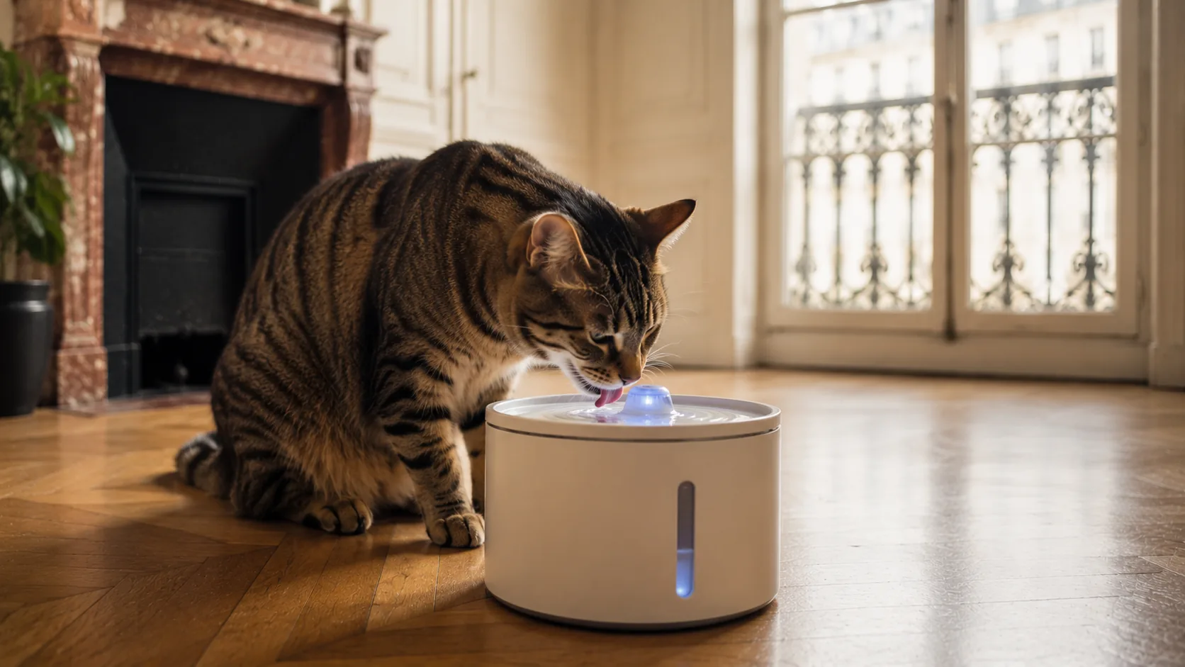 Chat tigré assis calmement près de sa gamelle d'eau sur un parquet, lumière du matin