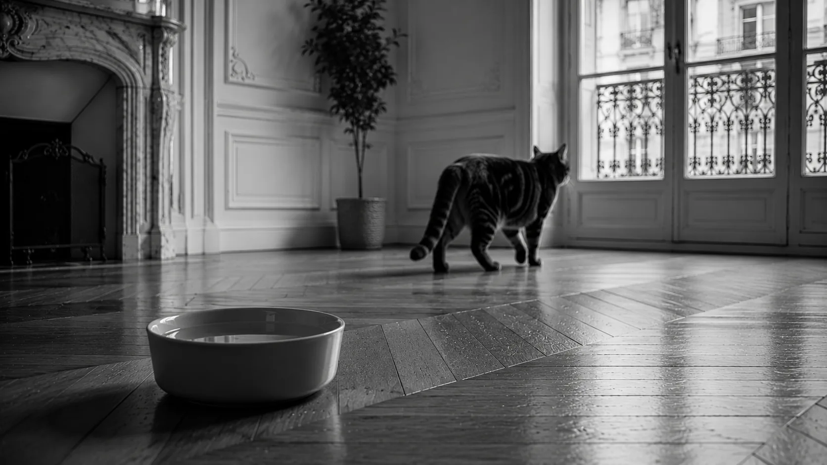 Gros plan noir et blanc du museau d'un chat détourné d'une gamelle d'eau pleine