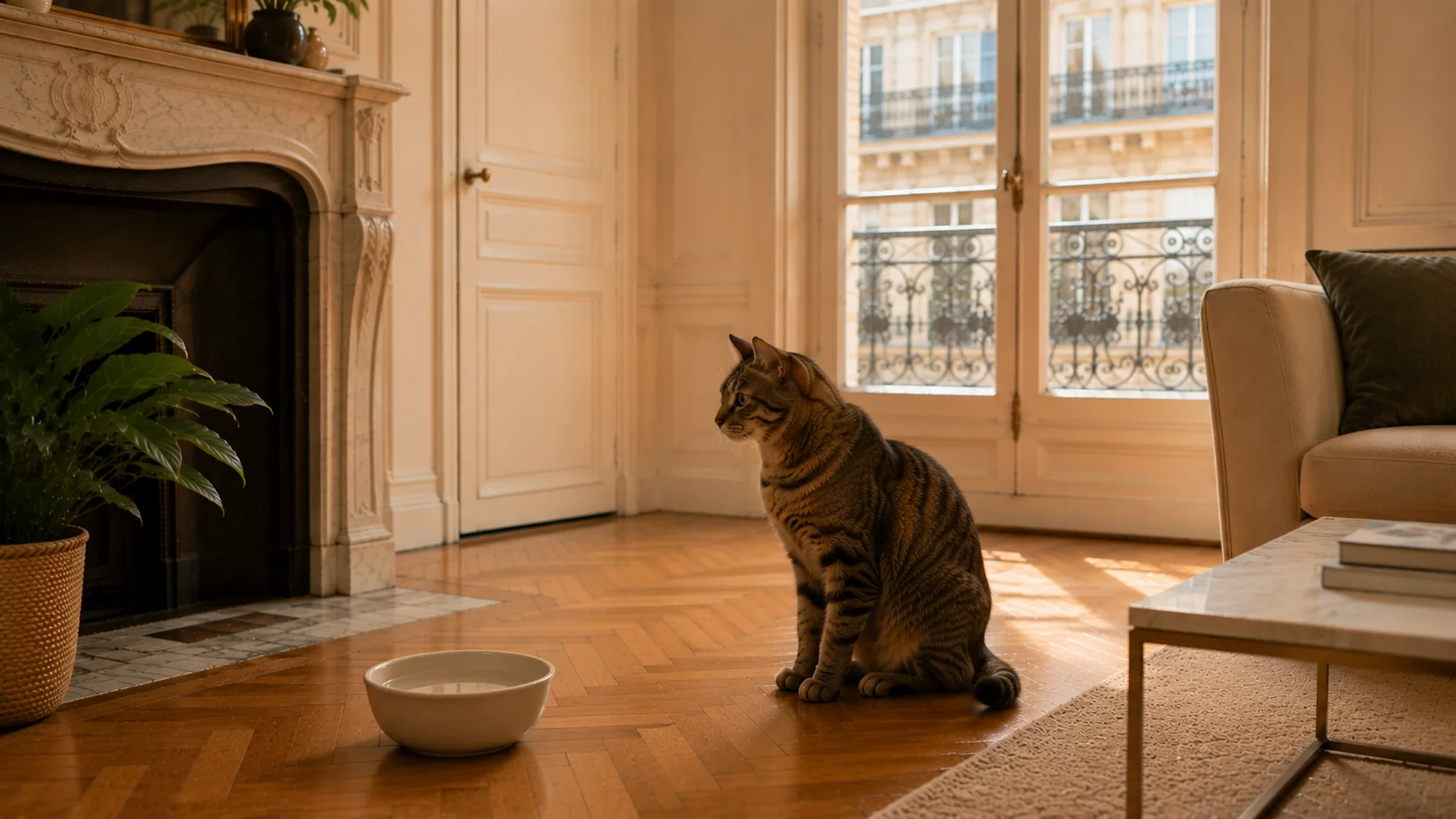 Chat tigré rond assis dans un salon haussmannien à la lumière chaude d'une lampe