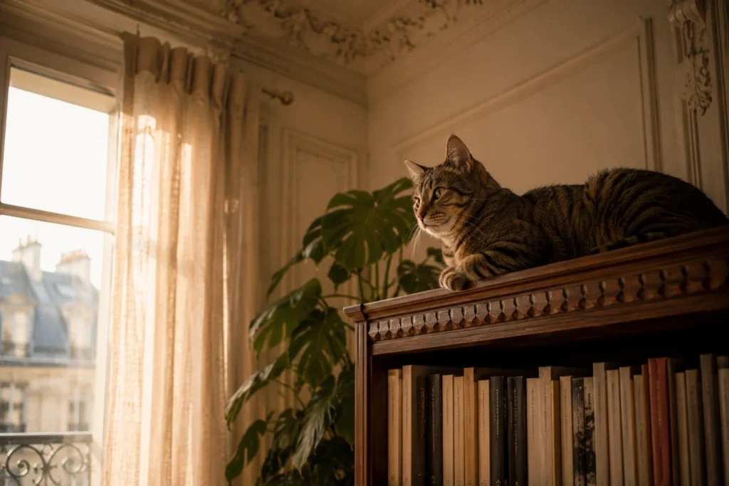 Un chat observe la pièce depuis le sommet d'une bibliothèque dans un appartement haussmannien