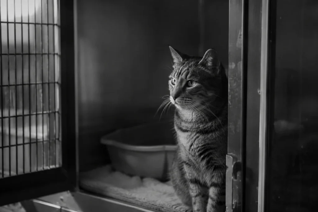 Un chat de refuge assis dans son box, regarde au-dehors et attend