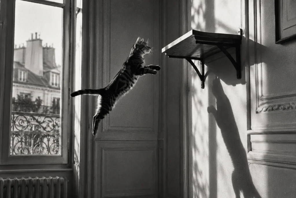 Un chat en plein bond vers une étagère murale dans un appartement haussmannien, preuve de la verticalité