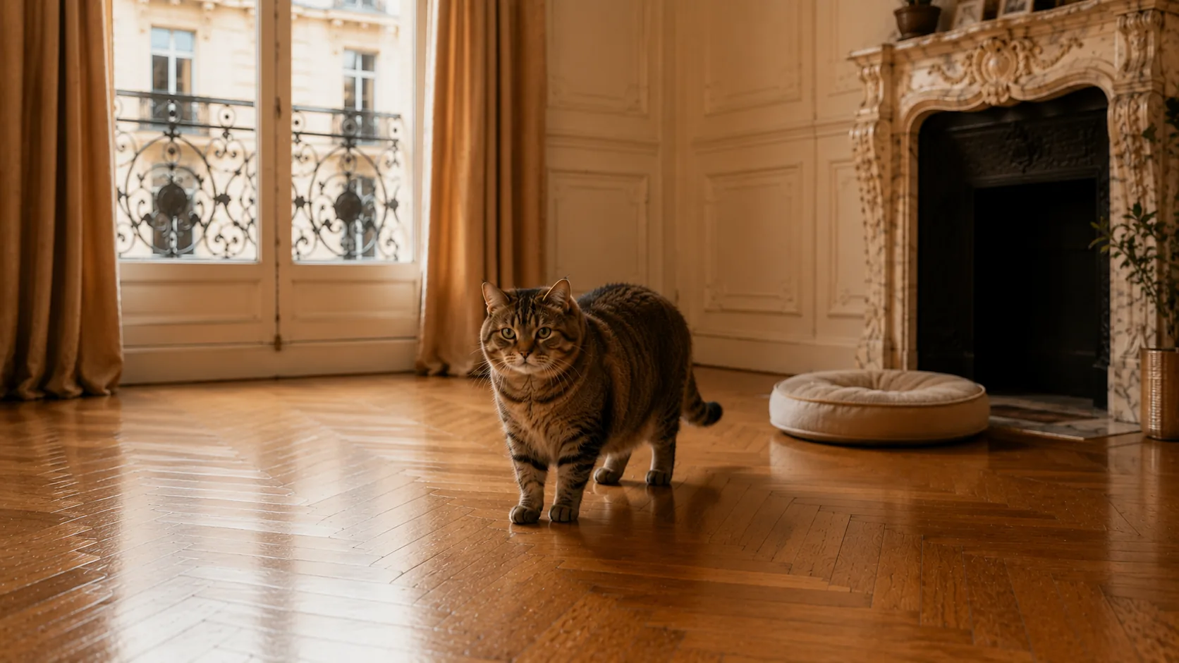 Chat tigré rond assis dans un salon haussmannien lumineux, près d'une cheminée