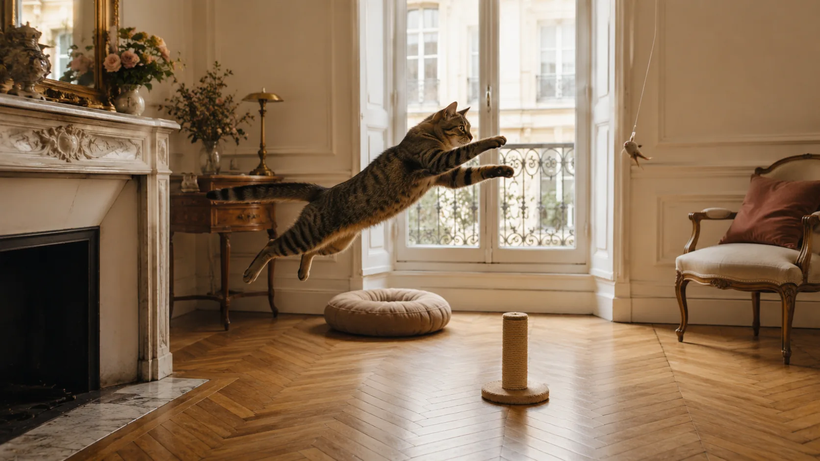 Chat tigré endormi en boule sur un canapé sous la lumière chaude d'une lampe