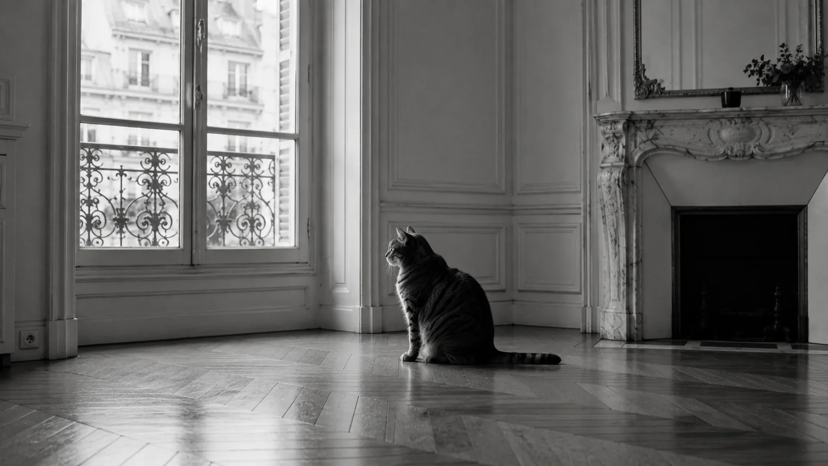 Profil noir et blanc d'un chat en surpoids, taille disparue et ventre arrondi